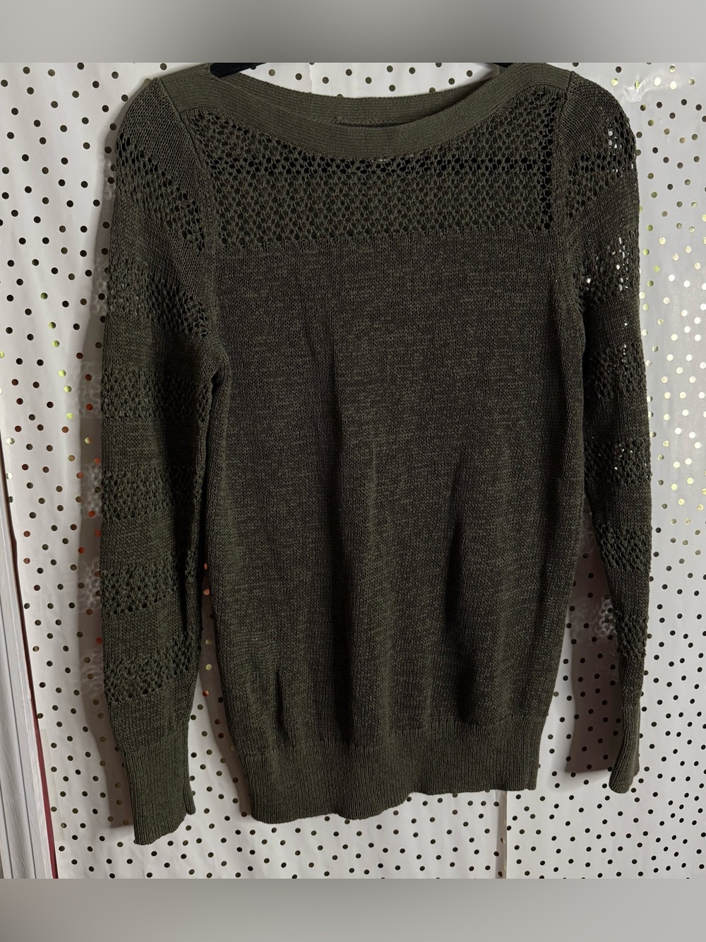 LOFT Olive Green Open-Stitch Crewneck Sweater